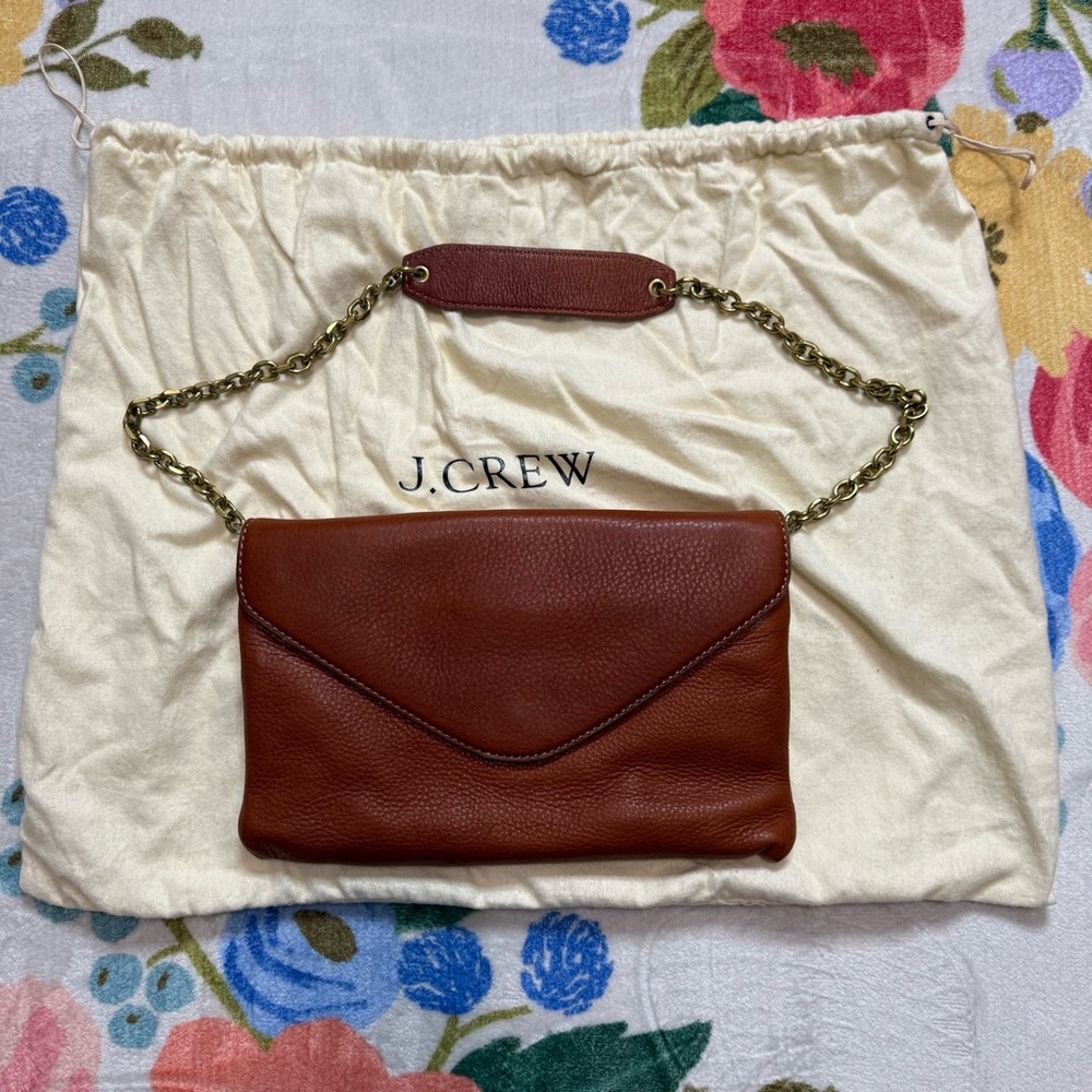 J. Crew Brown Cognac Brown Leather Clutch Shoulder Strap